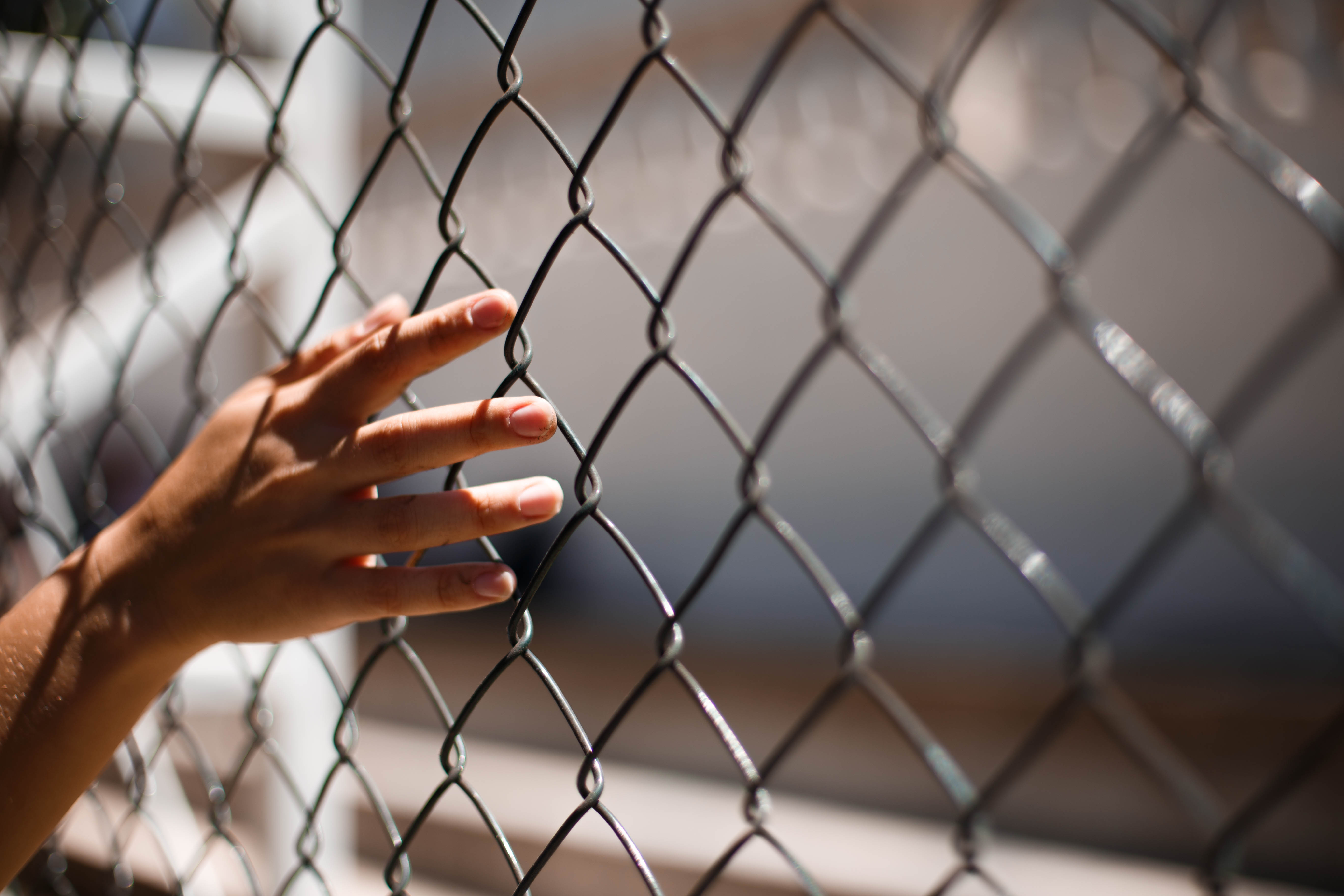 Canva - Hand of crop person touching grid fence